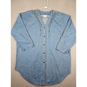 Vintage MONIQUE Fashions Denim Shirt Sz 2X Blue Raglan Sleeve Stars Embellished